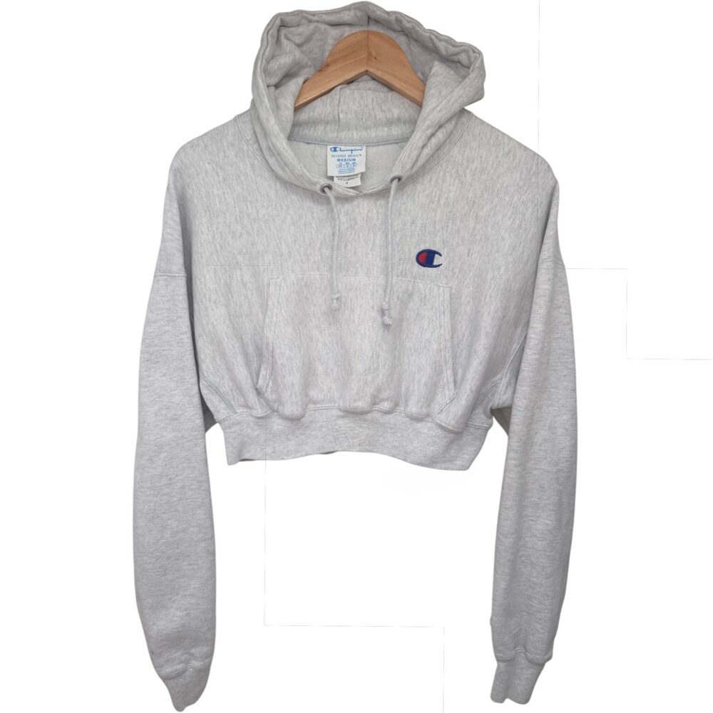 Champion Women's MEDIUM White Navy Blue and Red Cropped Hoodie